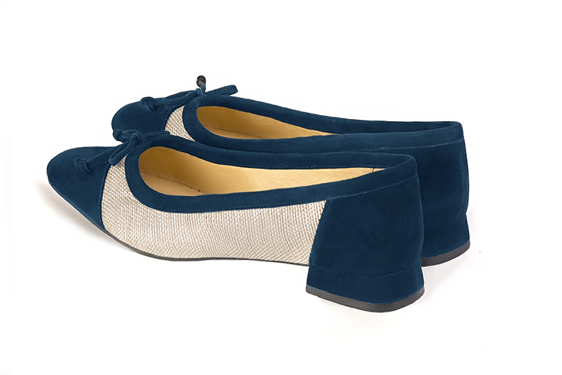 Navy blue and natural beige women's ballet pumps, with low heels. Square toe. Flat flare heels. Rear view - Florence KOOIJMAN